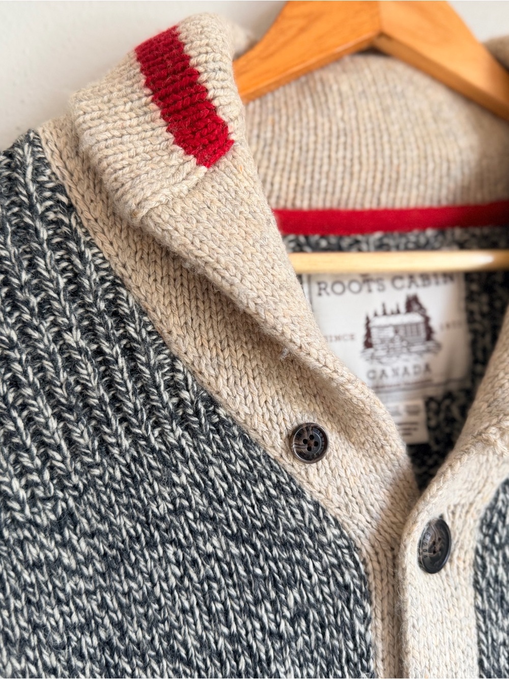 Roots Cabin Shawl-Collar Cardigan in Cream, Black & Red Accent, Padded Elbows!